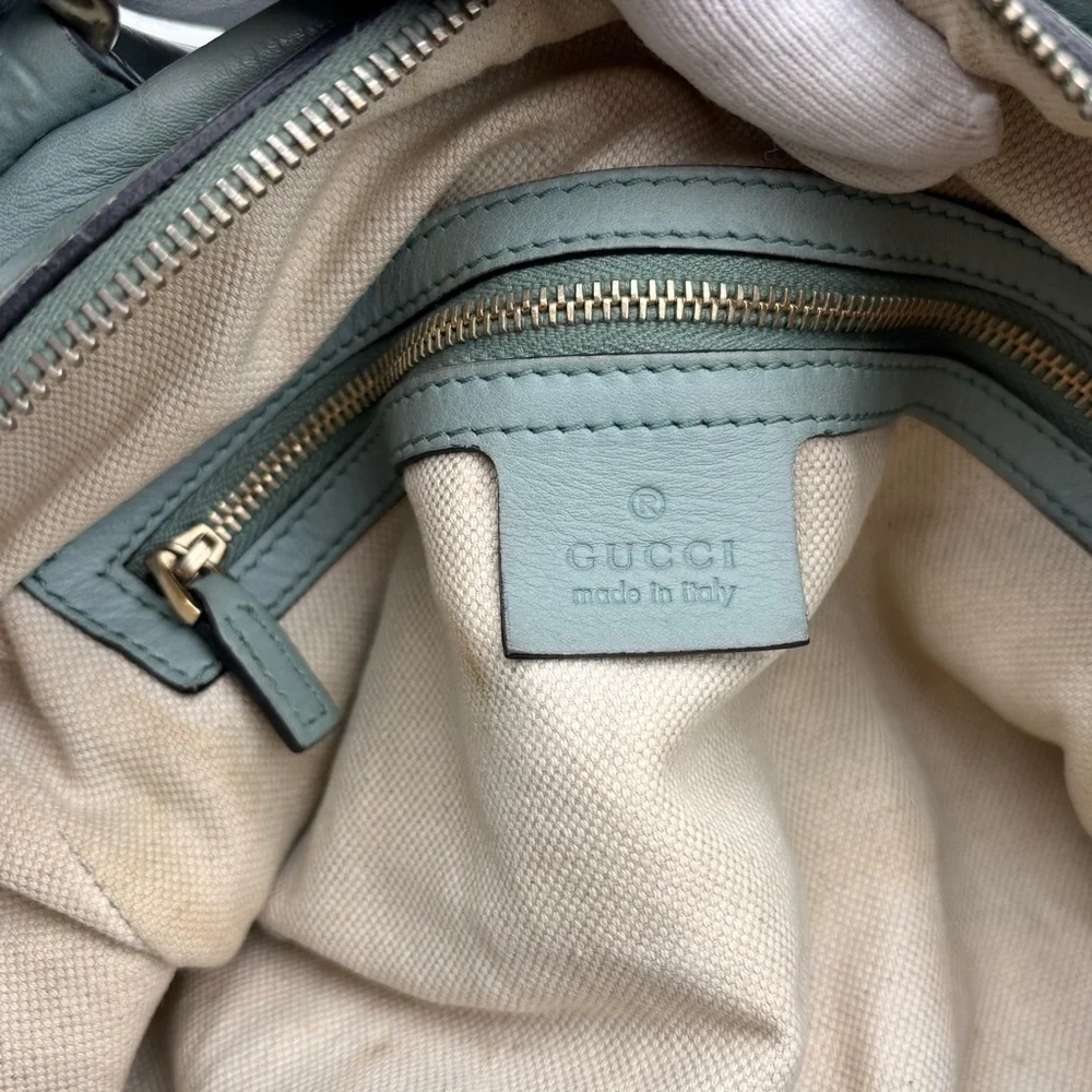 Gucci GG Embossed Leather Boston Bag Sage Green Gold Hardware - Picture 8 of 9